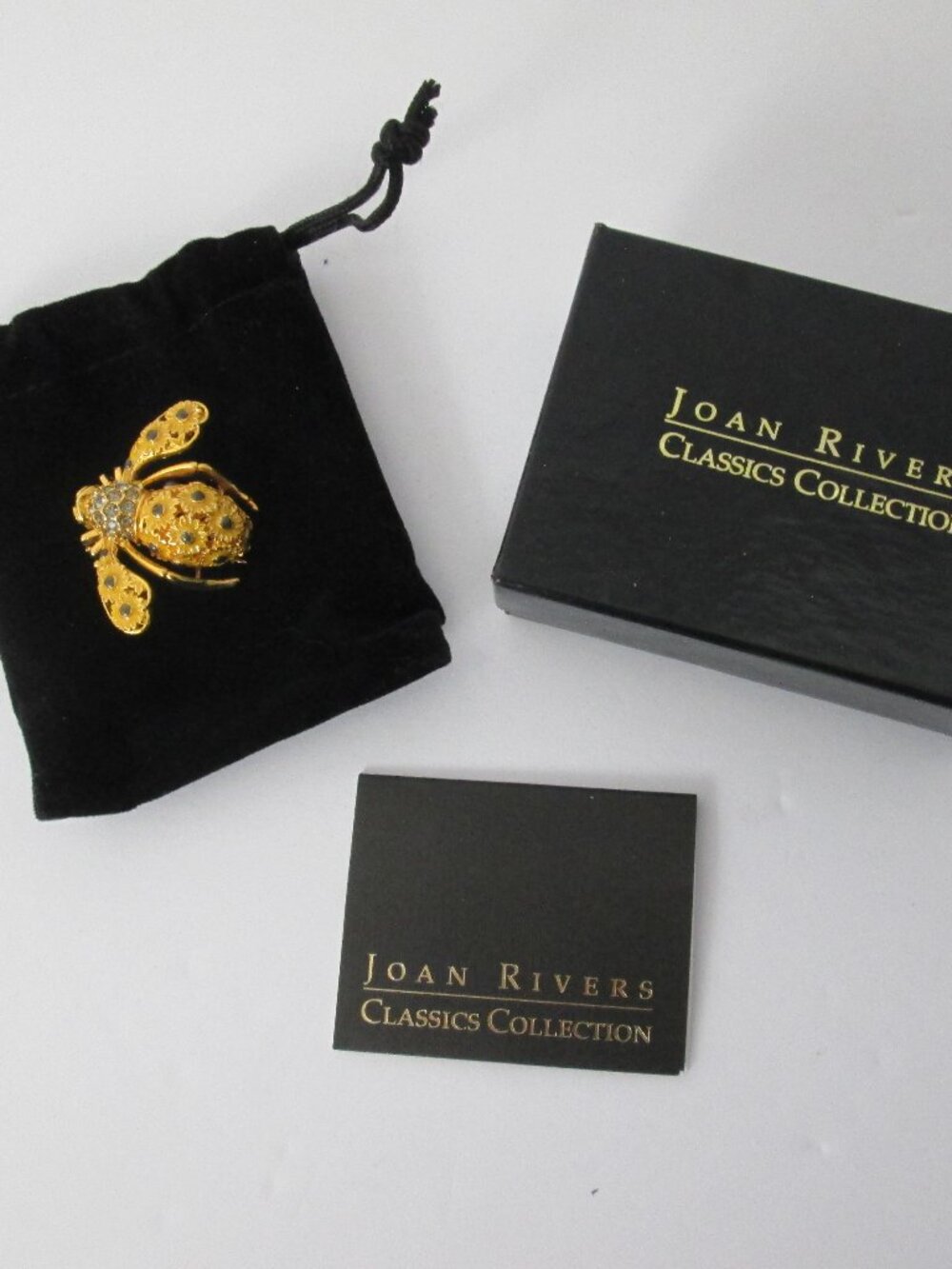 NEW Joan Rivers Original Bee Brooch Pin Gold Tone Jeweled with Dust Cover - NIB